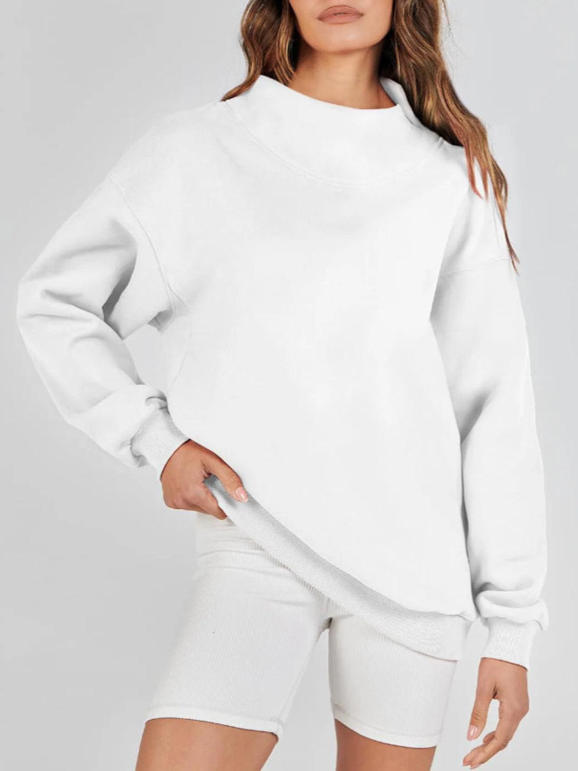 Mock Neck Drop Shoulder Long Sleeve Sweatshirt White