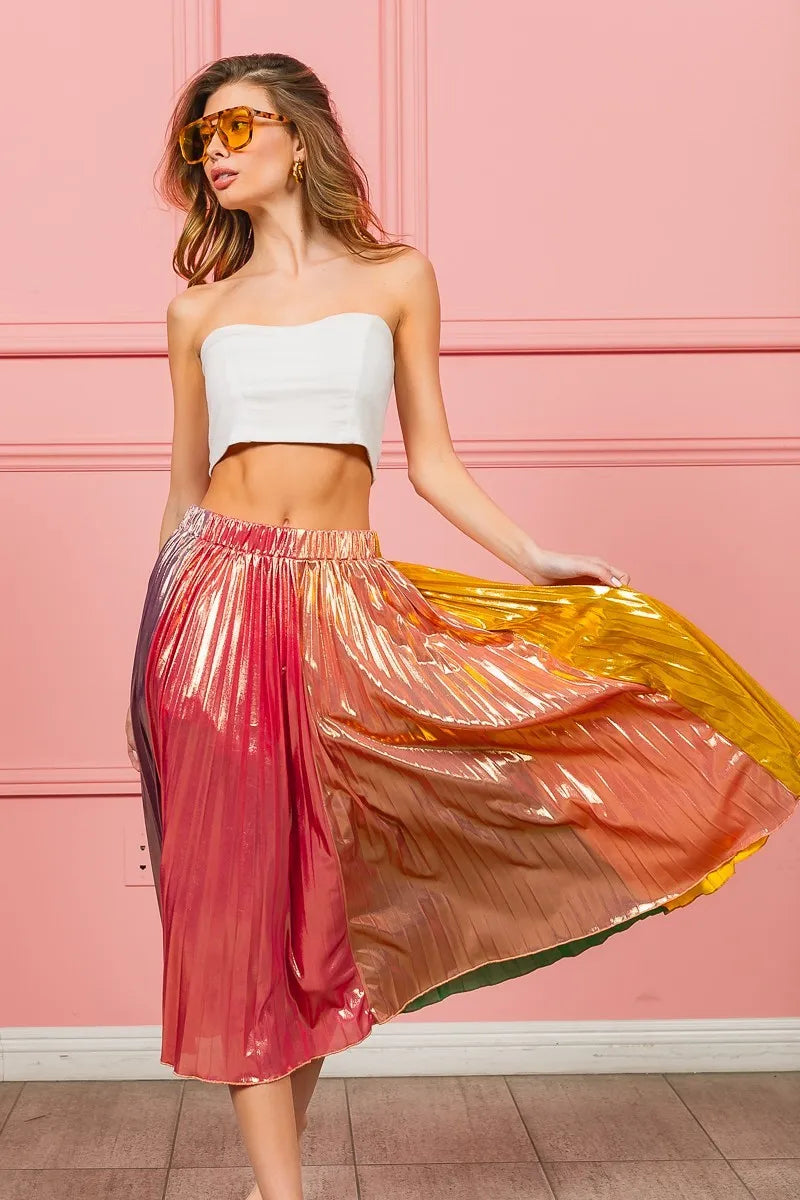 BiBi Metallic Color Block Pleats Midi Skirt