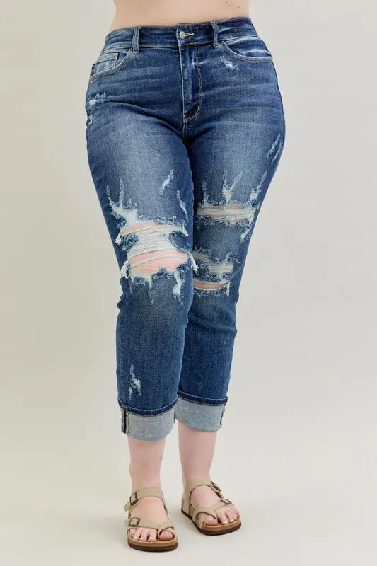 Judy Blue Full Size Mid Rise Cuffed Destroy Bf Jeans Plus Size