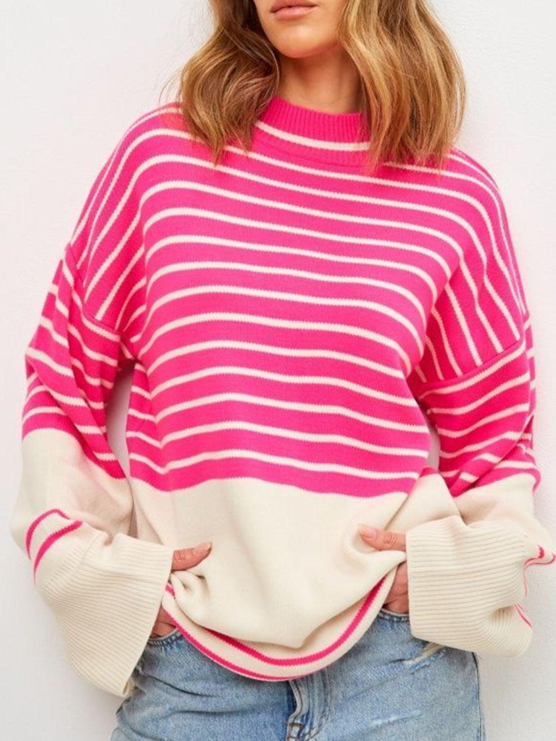 Striped Mock Neck Long Sleeve Sweater Deep Rose