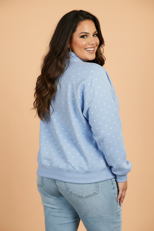 Plus Size Polka Dot Buttoned V-Neck Long Sleeve Sweatshirt