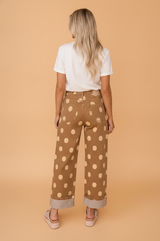 Polka Dot Denim Folded Hem High Waist Jeans