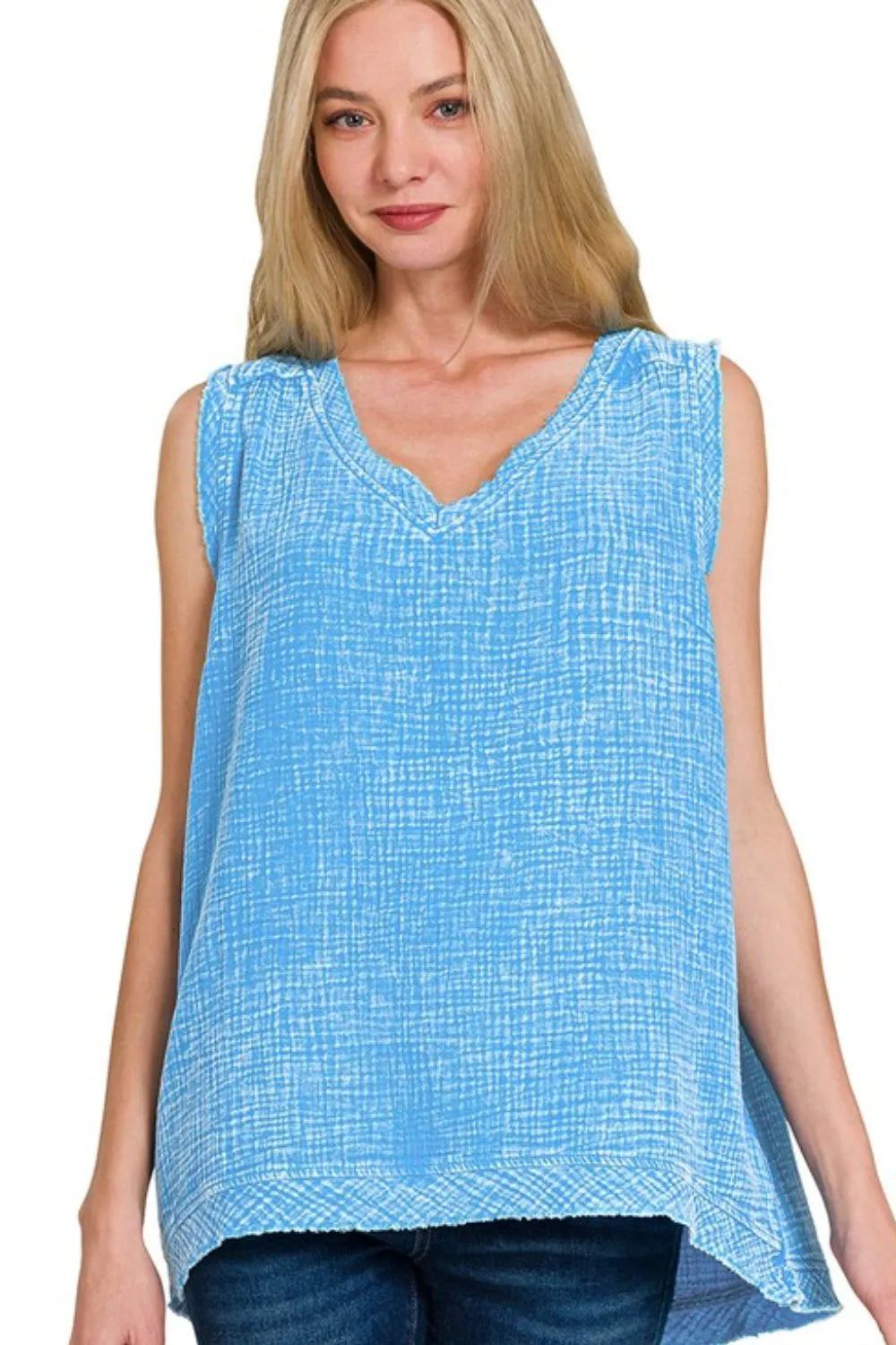 Zenana Double Gauze Raw Edge Acid Washed Tank DEEP SKY
