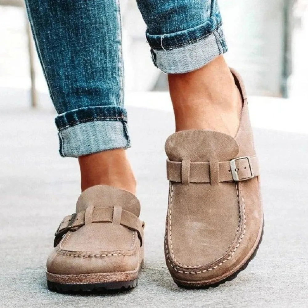 Round Toe Low Heel Buckle Loafers Khaki