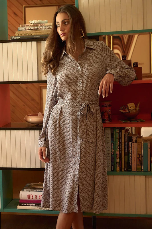 Mittoshop Abstract Print Waist Tie Midi Shirt Dress