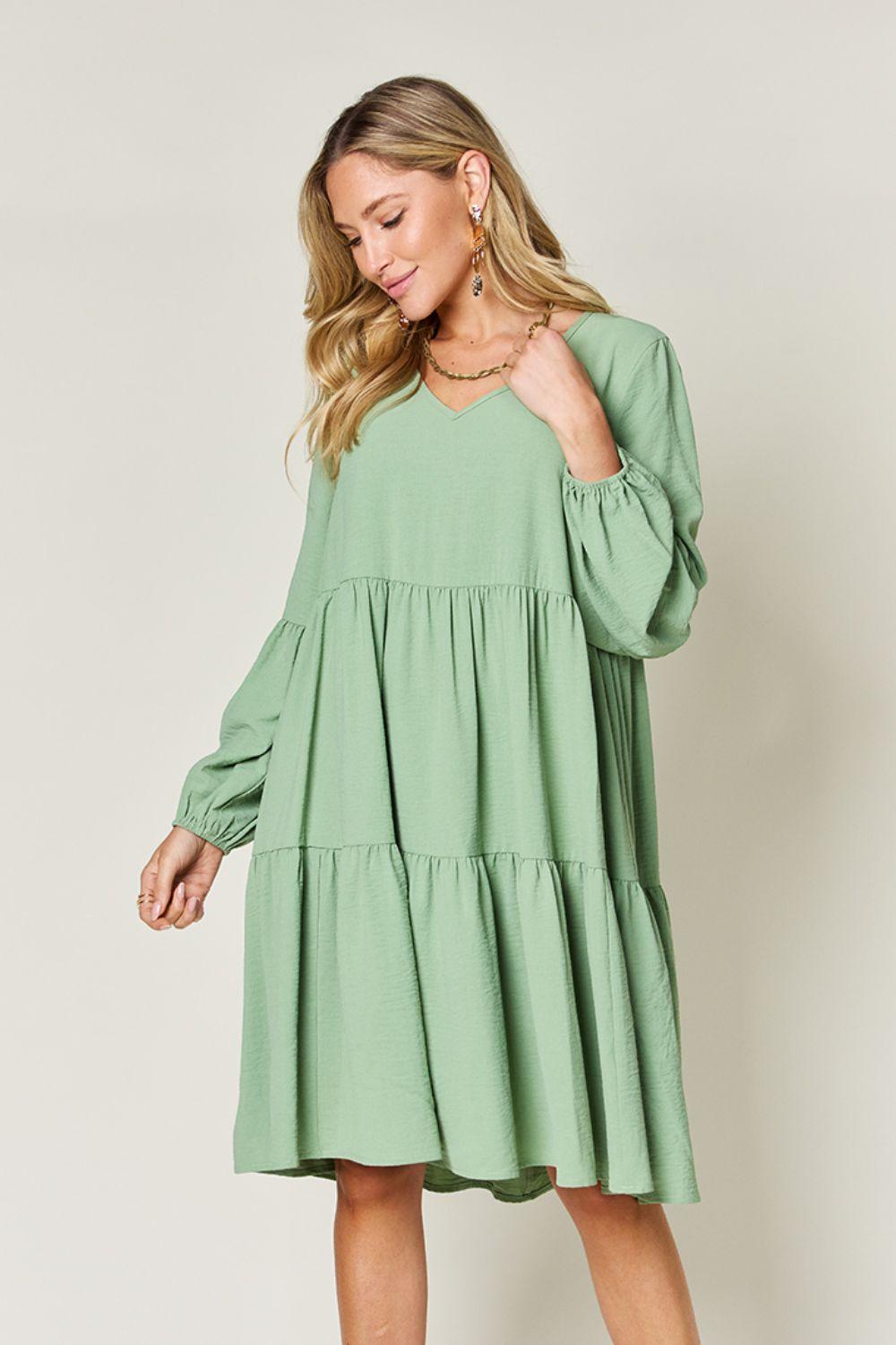 Double Take Full Size V-Neck Balloon Sleeve Tiered Dress with Pockets Light Green
