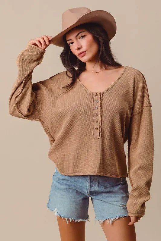 SO ME Frayed Cut Mineral Washed Deep V Neck Waffle Top