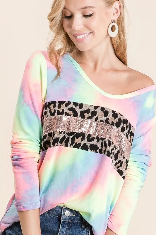 BiBi Tie Dye Deep U-neck Top with Leopard and Sequins