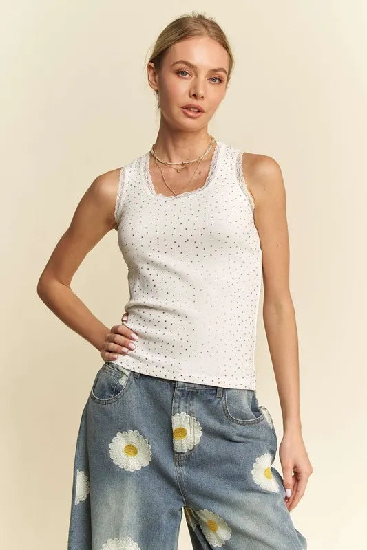 Davi & Dani Rhinestone Lace Trim Detail Tank