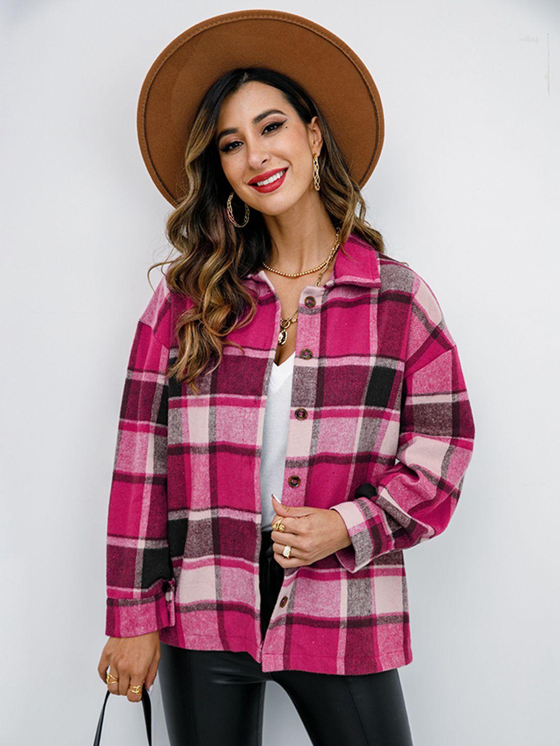 Shiny Plaid Button Up Collared Neck Jacket Hot Pink