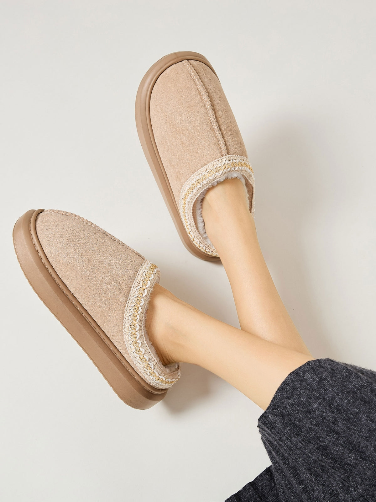 Faux Fur Suede Platform Slippers Tan