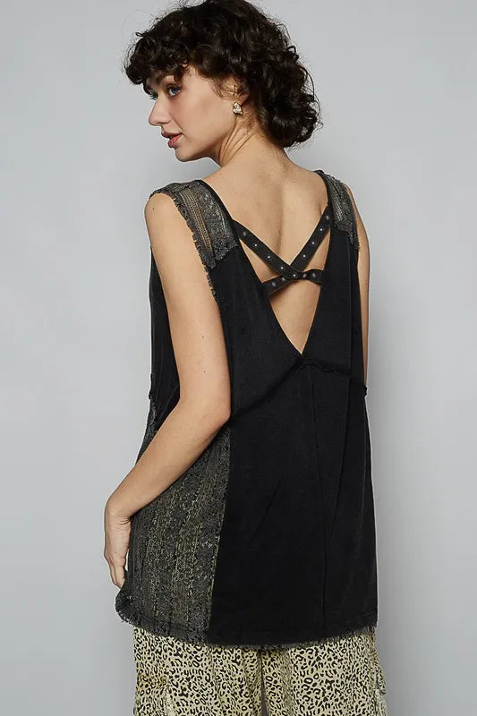 POL Lace Detail Studded Crisscross Back V-Neck Sleeveless Top