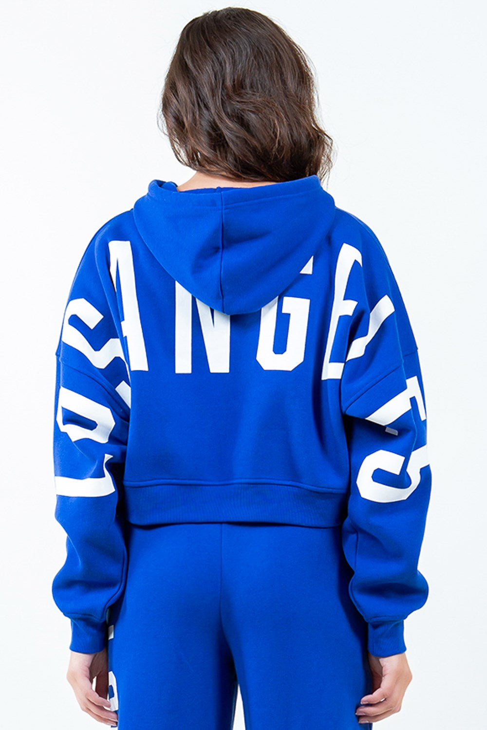 American Bazi Letter Graphic Long Sleeve Drawstring Cropped Hoodie Royal Blue