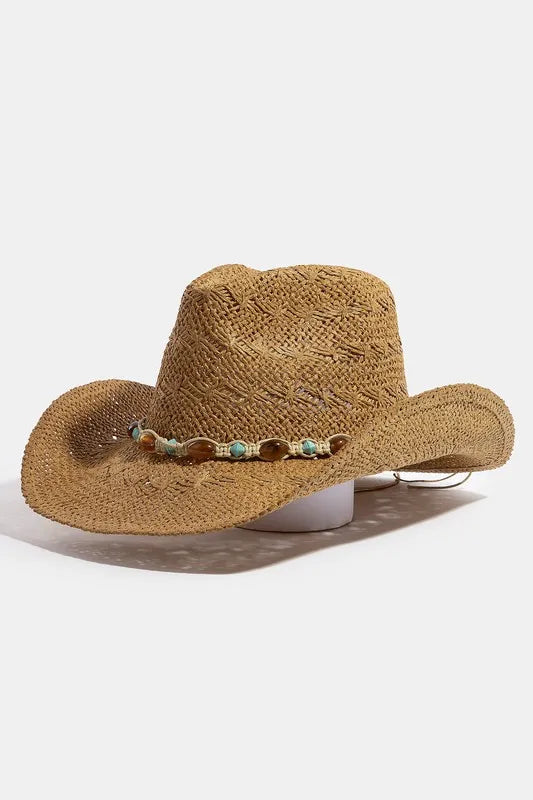 Fame Mixed Beaded And Rope Western Fedora Straw Hat Khaki One Size