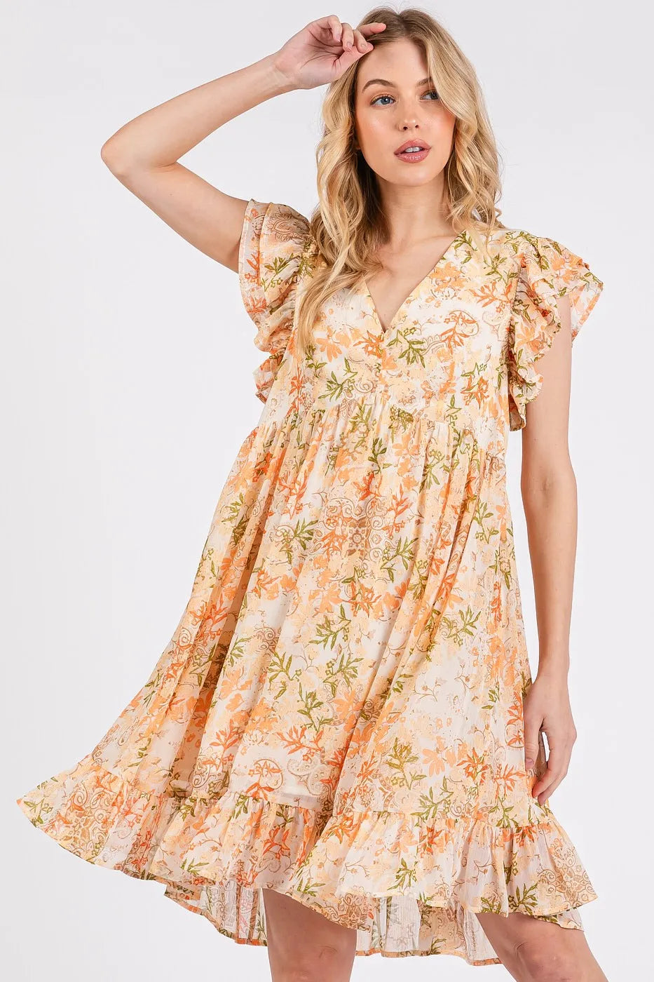 Mittoshop Floral Chiffon Ruffle Short Sleeve Mini Dress ORANGE MULTI