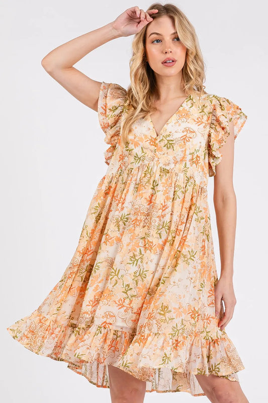 Mittoshop Floral Chiffon Ruffle Short Sleeve Mini Dress ORANGE MULTI