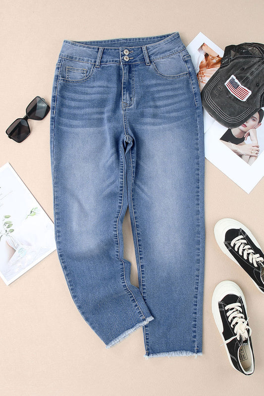 Buttoned High Waist Raw Hem Skinny Jeans