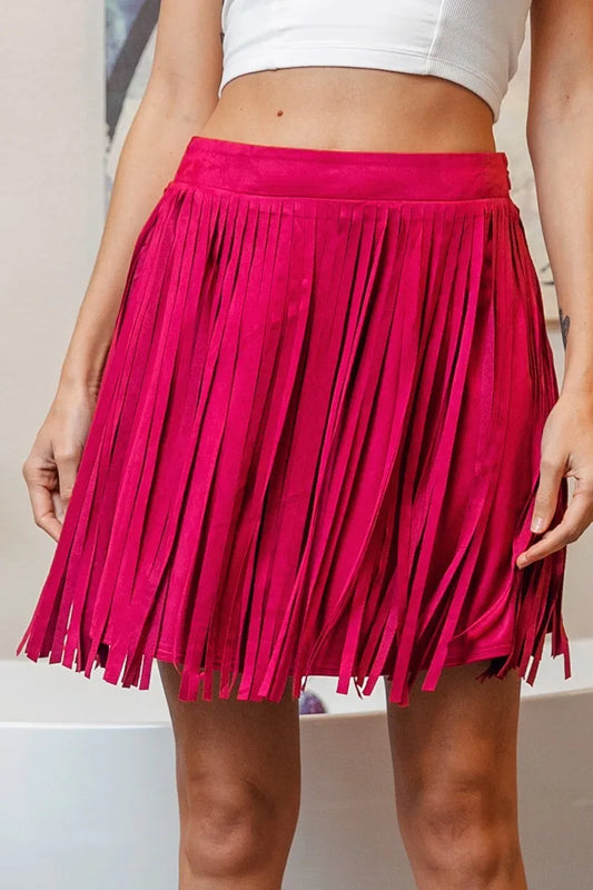 BiBi Fringe Detailed Suede Skirt FUCHSIA