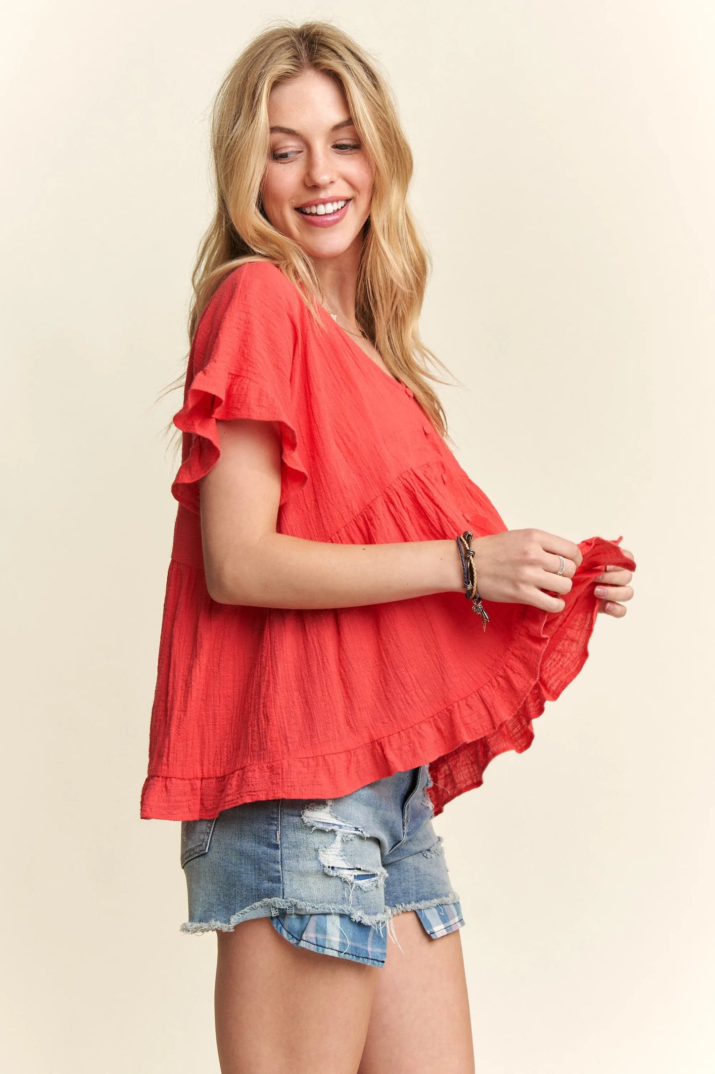 ADORA Button Down Ruffled Babydoll Blouse