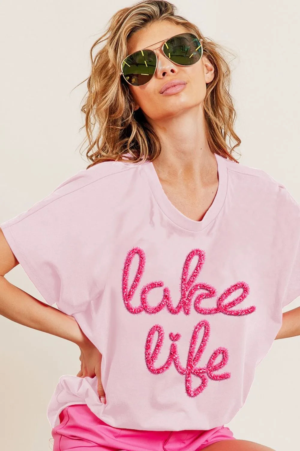 BiBi Metallic Letter Short Dolman Sleeve Top BLUSH