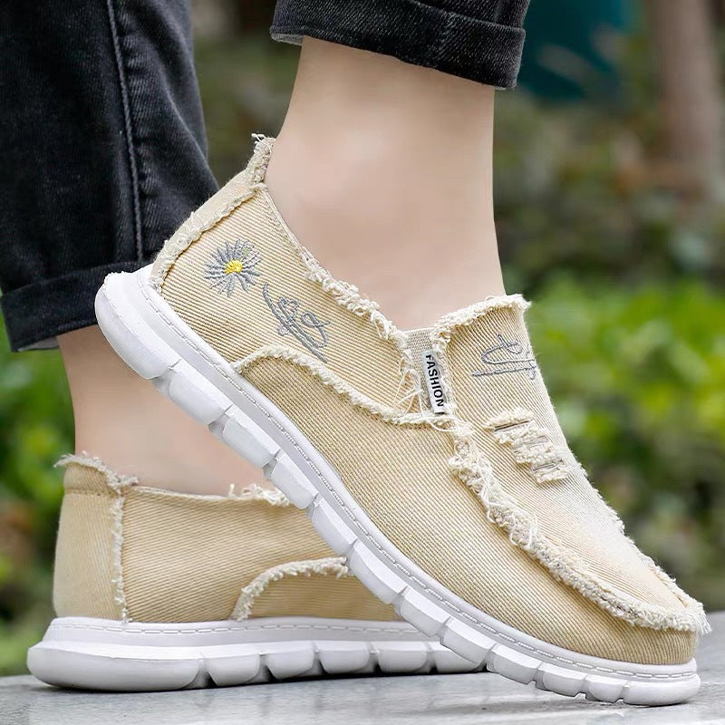 Raw Edge Round Toe Embroidery Flat Slip-Ons Khaki