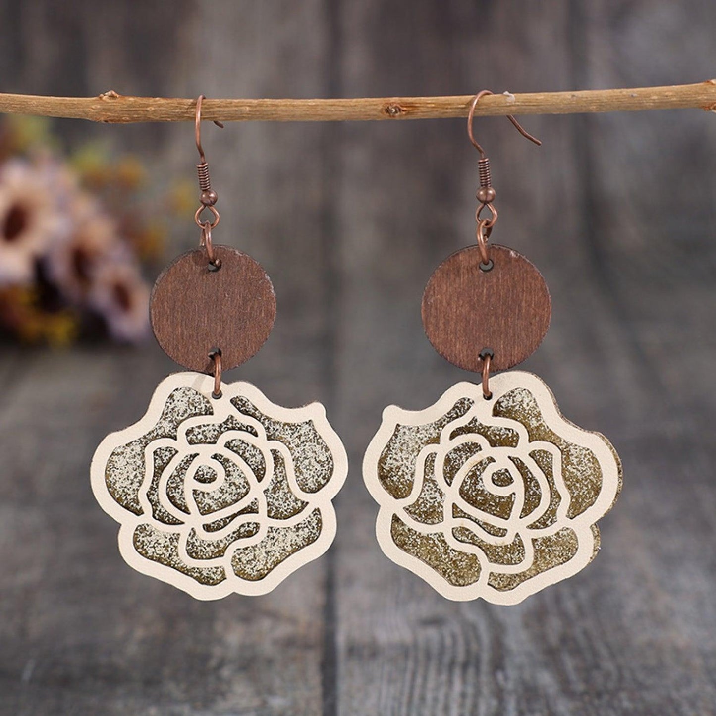 Wooden Alloy Rose Shape Dangle Earrings Style B One Size