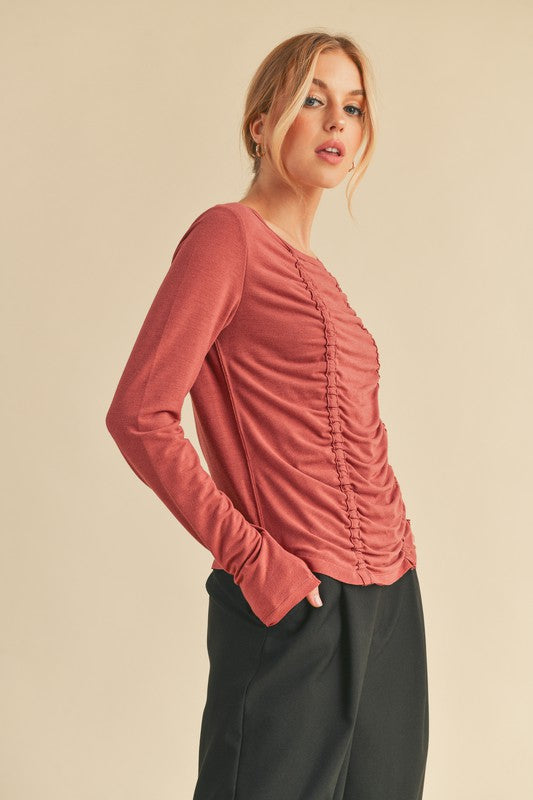 Aemi + Co Ruched Front Round Neck Long Sleeve T-Shirt