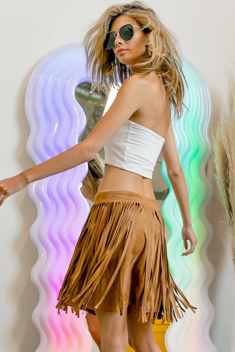 BiBi Fringe Detailed Suede Skirt