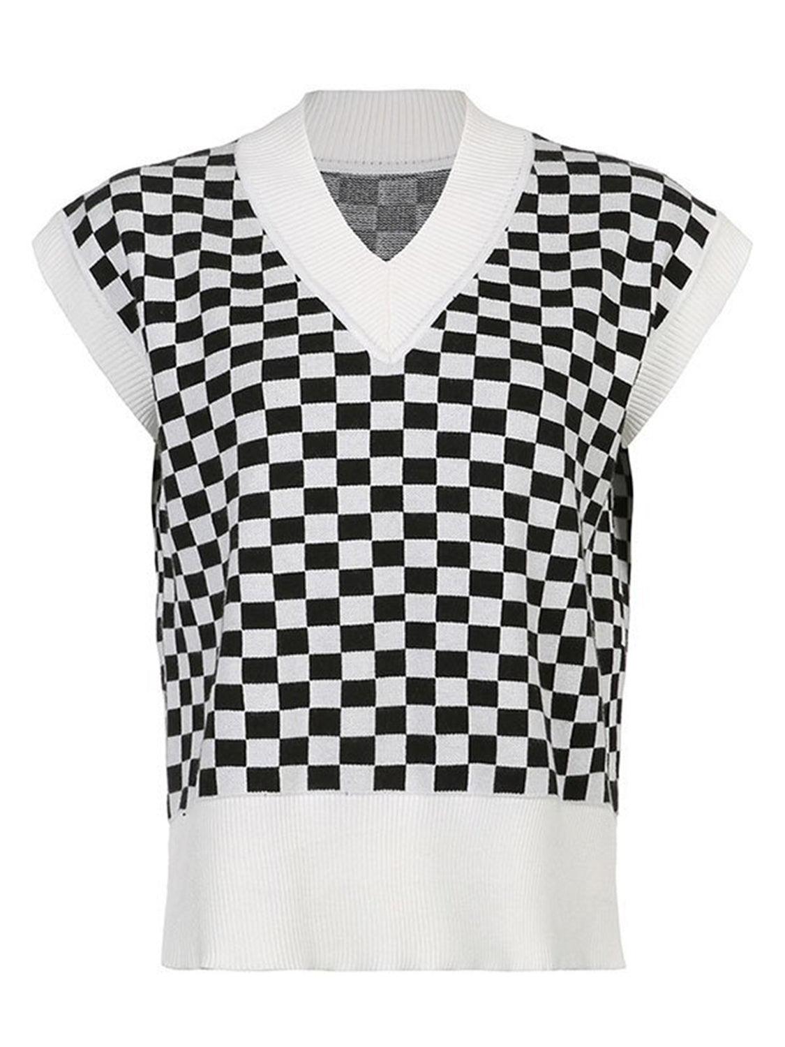 Full Size Checkered V-Neck Sweater with Cap Sleeves