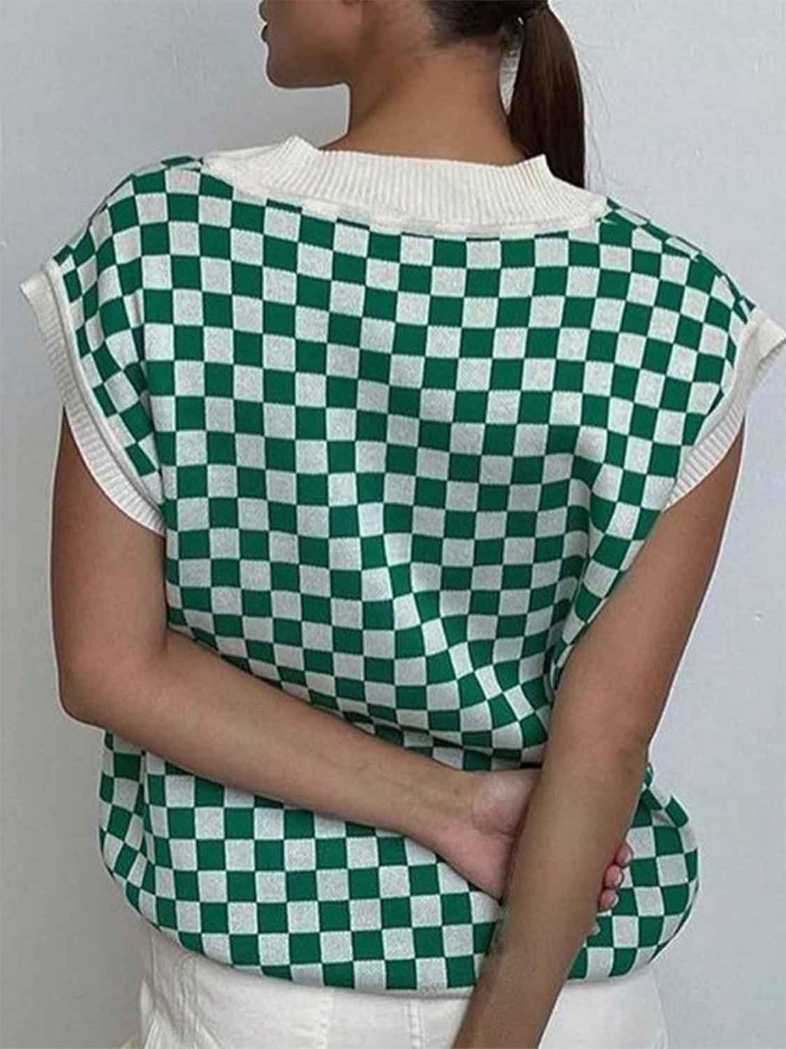 Full Size Checkered V-Neck Sweater with Cap Sleeves