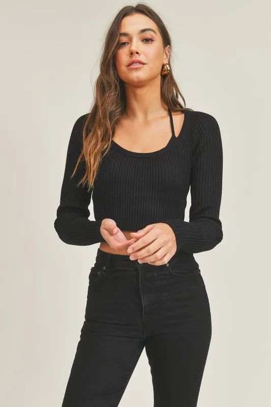 MABLE Long Sleeve Crop Sweater Top and Inner Bra Set