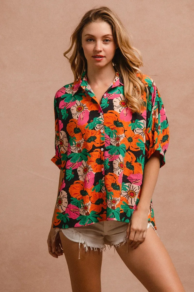 BiBi Floral Print Soft Crinkle Short Dolman Sleeves Blouse