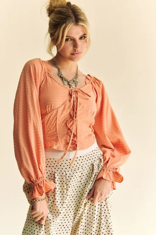 Davi & Dani Strap Front Corset Look Long Puff Sleeve Blouse