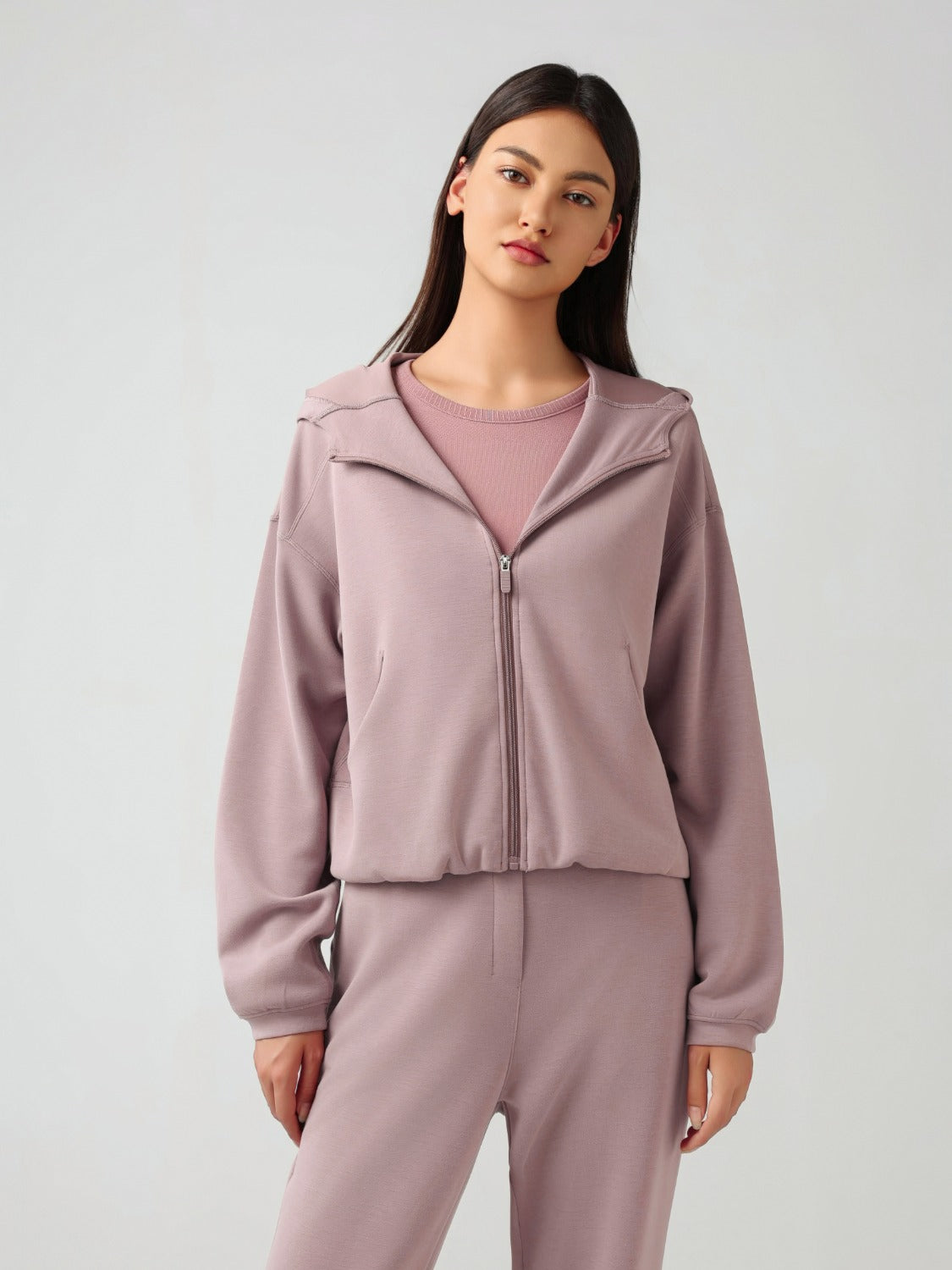 Millennia Zip Up Dropped Shouder Active Hooded Dusty Pink 10