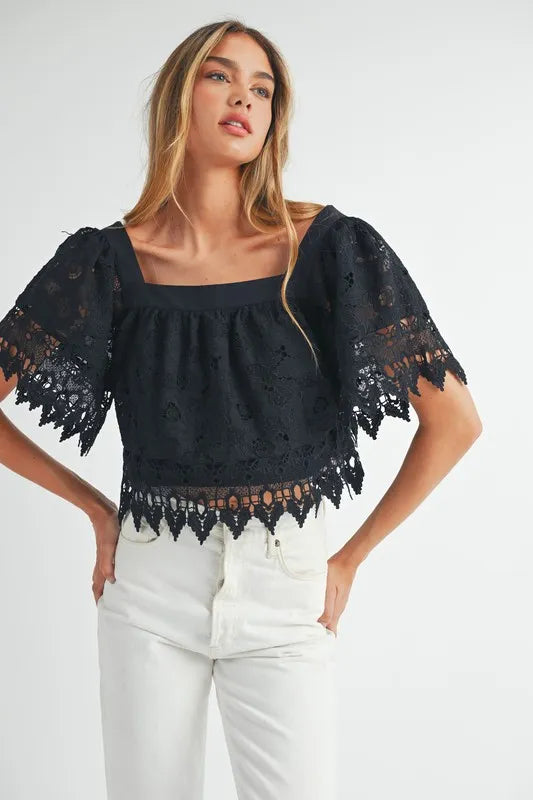 MABLE Square Neck Crochet Lace Top With Double Bow Tie Black