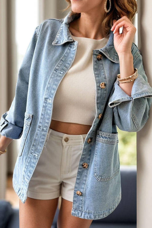 Pocketed Button Up Long Sleeve Denim Jacket Light