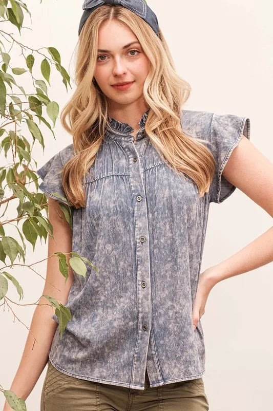 Lime 'N' Chili Mineral Wash Flutter Sleeve Button Down Shirt