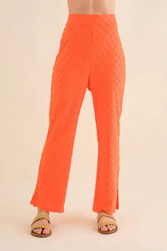 And The Why Brushed Texture Checker Board Pattern Casual Pants ORANGE