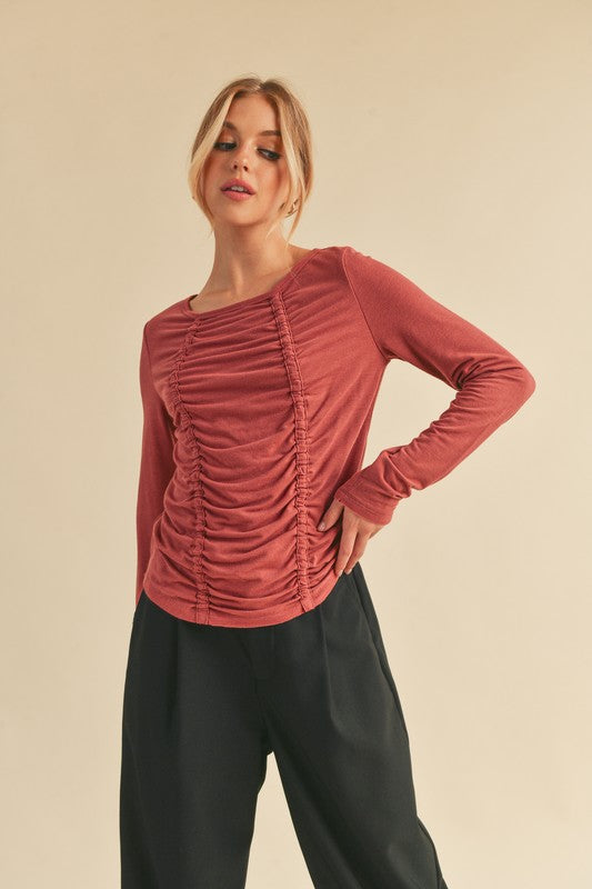 Aemi + Co Ruched Front Round Neck Long Sleeve T-Shirt