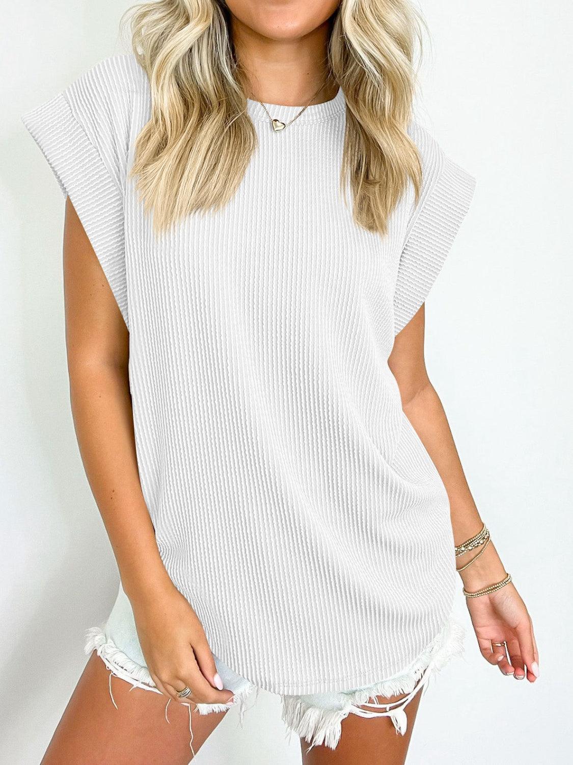 Lovelet Textured Round Neck Cap Sleeve Blouse White