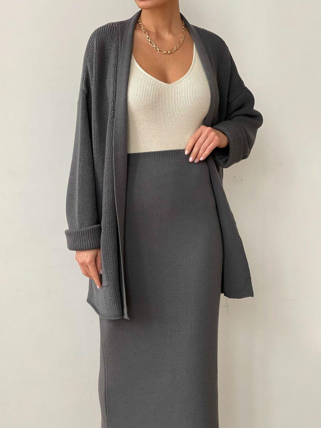 Pocketed Long Sleeve Cardigan and Skirt Sweater Set Dark Gray One Size