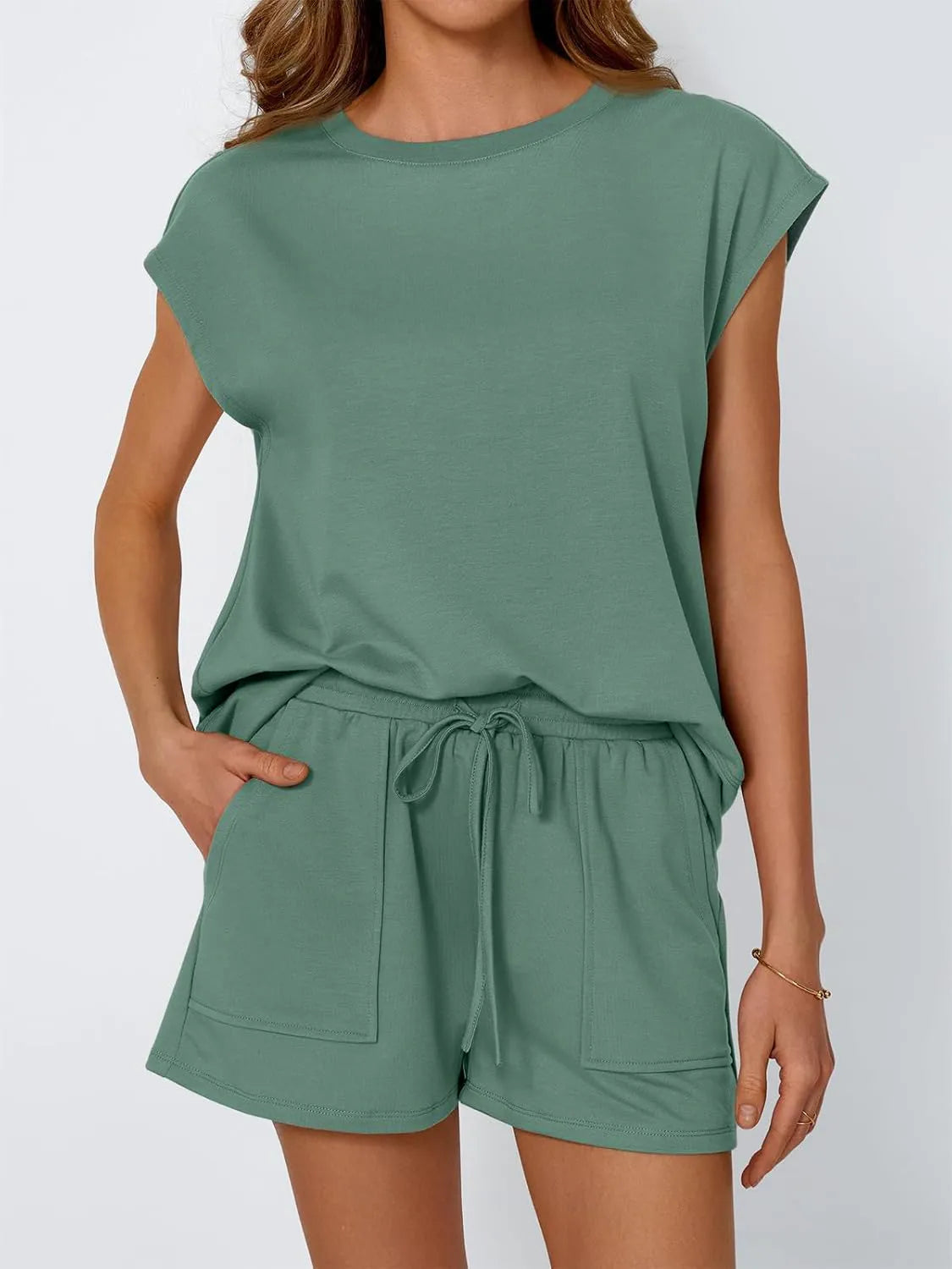 Round Neck Cap Sleeve Top and Shorts Set Air Force Blue