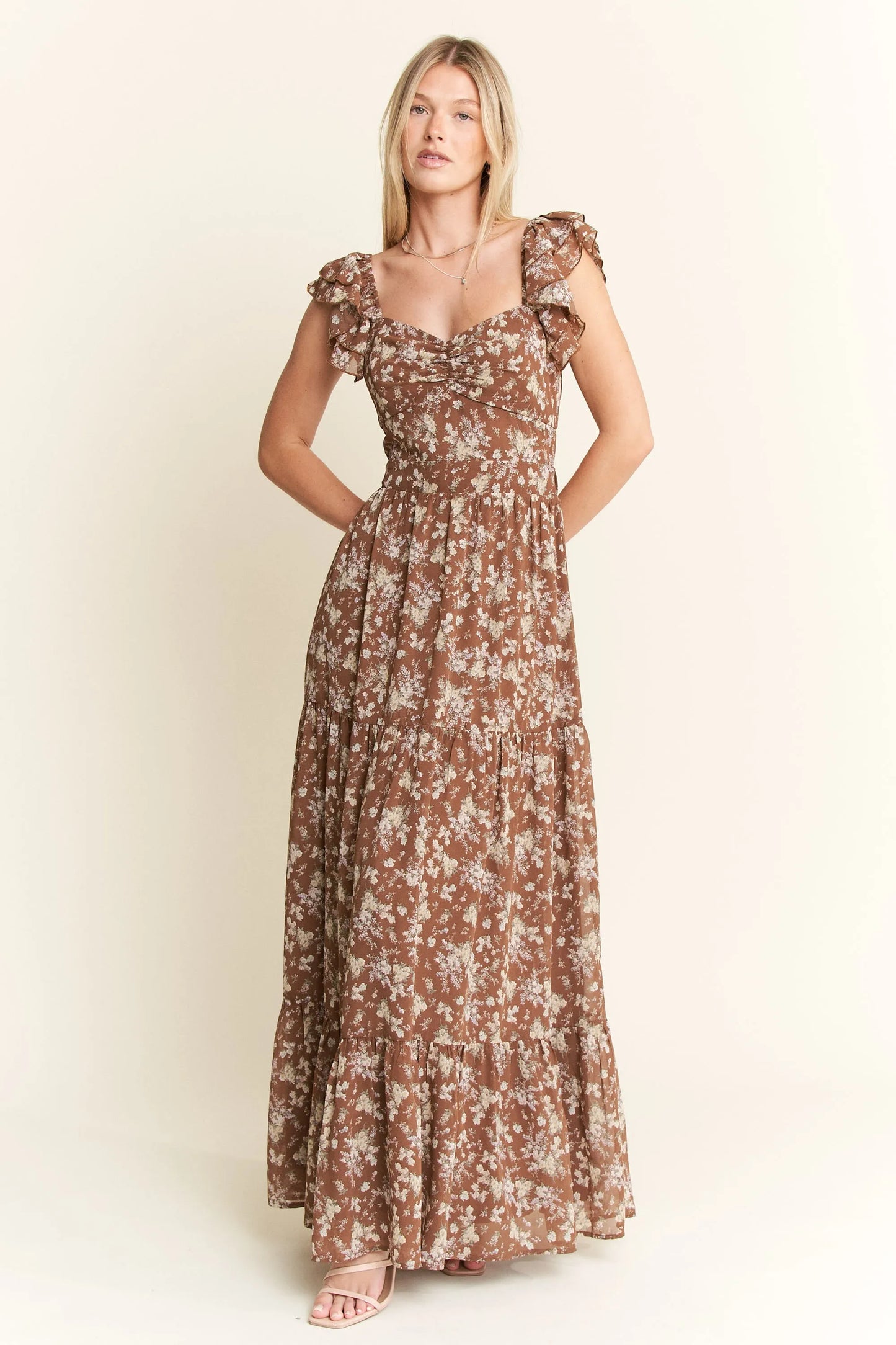Jade By Jane Ruffle Sleeve Tiered Maxi Dress MOCHA