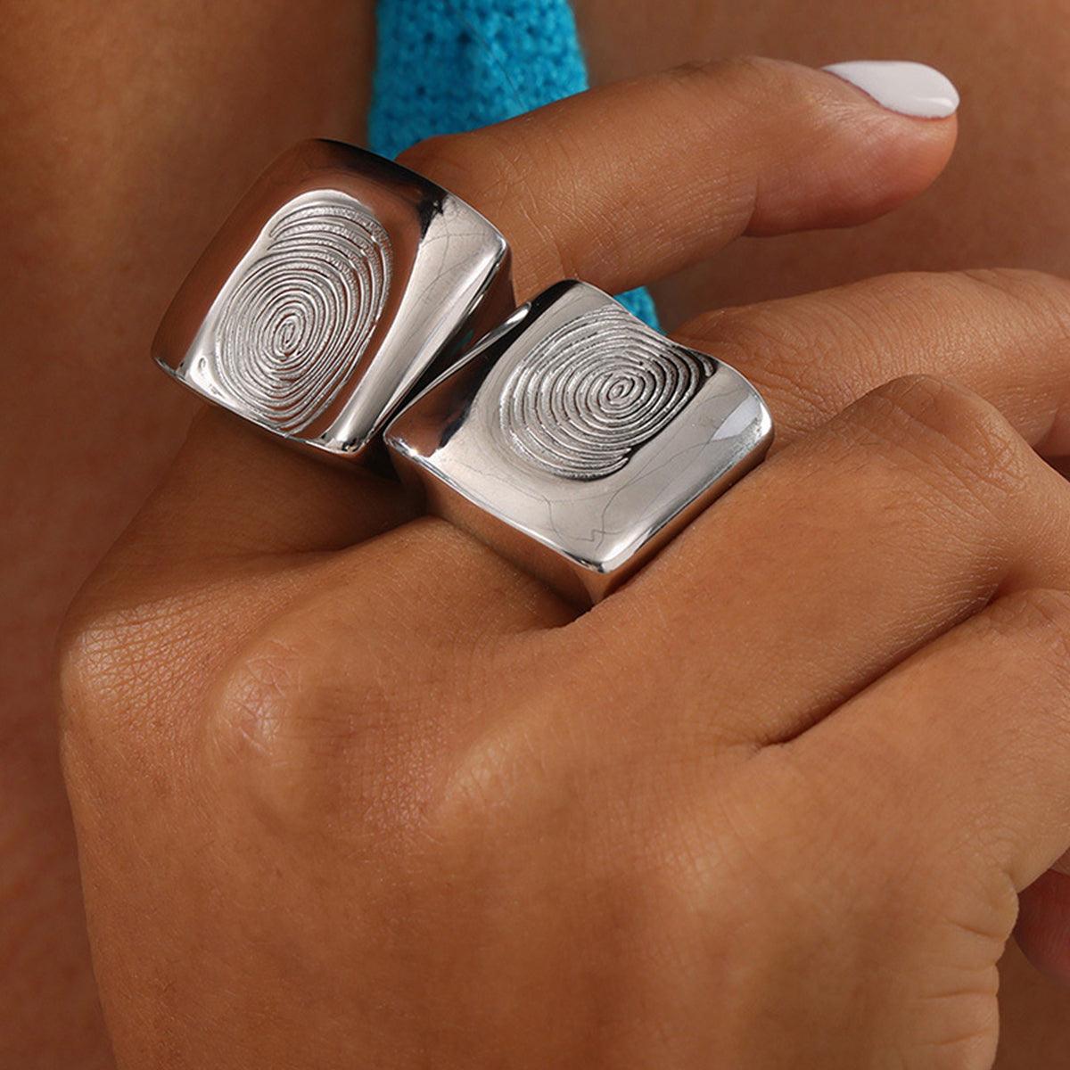 Titanium Steel Fingerprint Signet Ring Silver