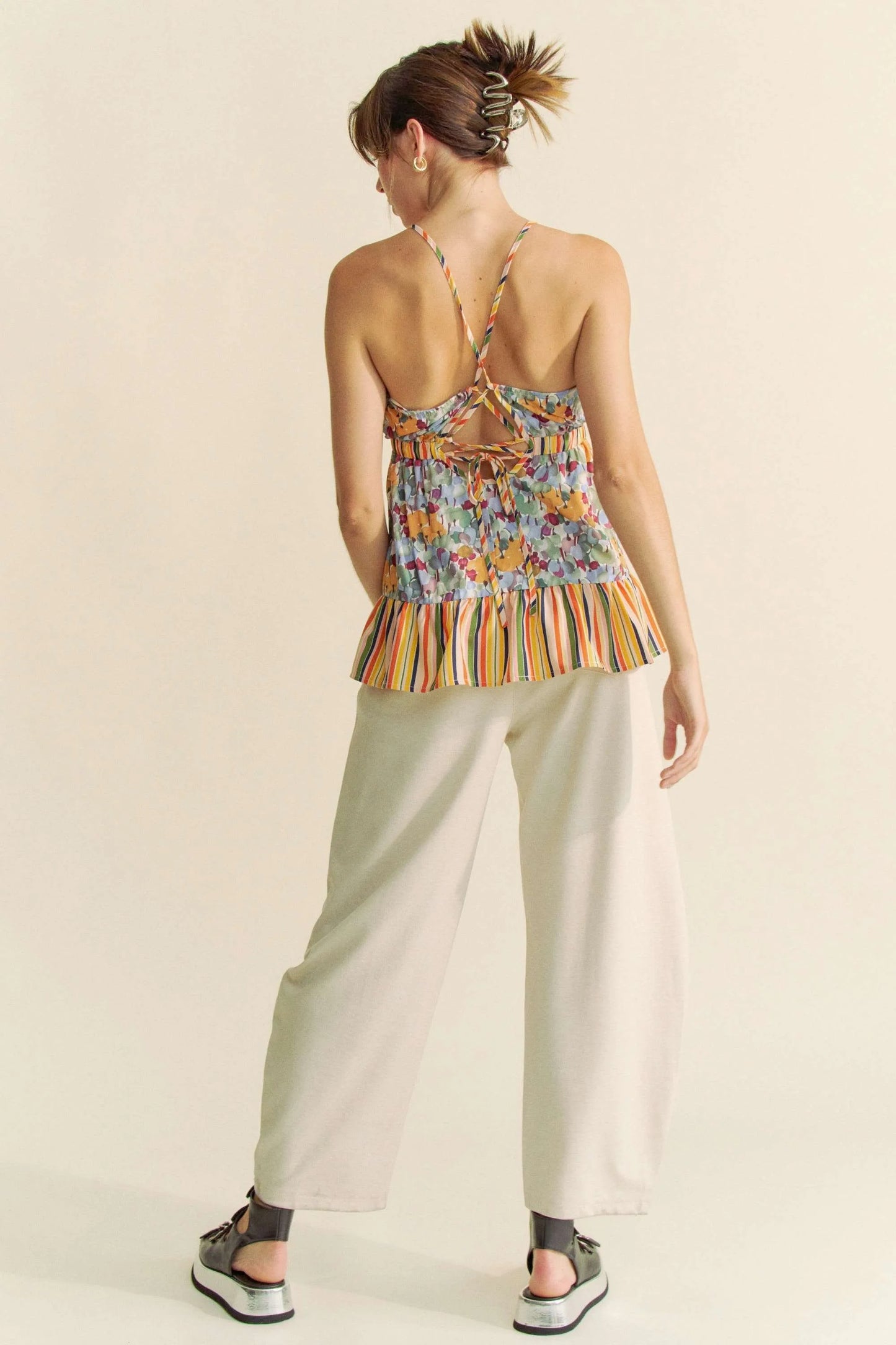 Davi & Dani Floral Smocked Sleeveless Ruffle Back Tie Top