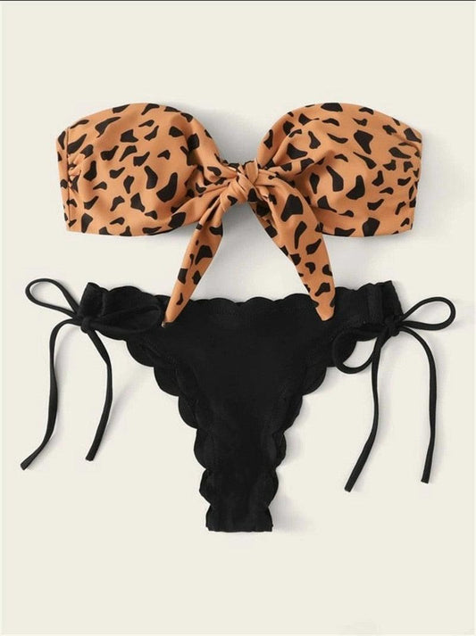 Beach Bikini Woman Lace Up Tie Strapless Leopard Swimsuit Women's Halter Bikini V Cut Bottom Lace Up Two Piece Swimsuits Female Push Up Ruffled Bow Bathing Suit Thong Swimwear