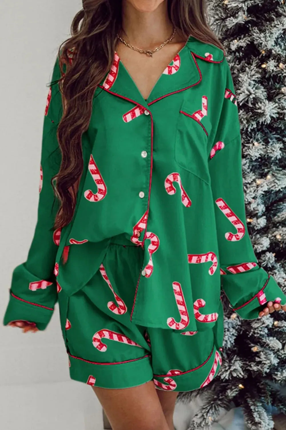 Candy Cane Collared Neck Long Sleeve Top and Shorts Lounge Set Dark Green