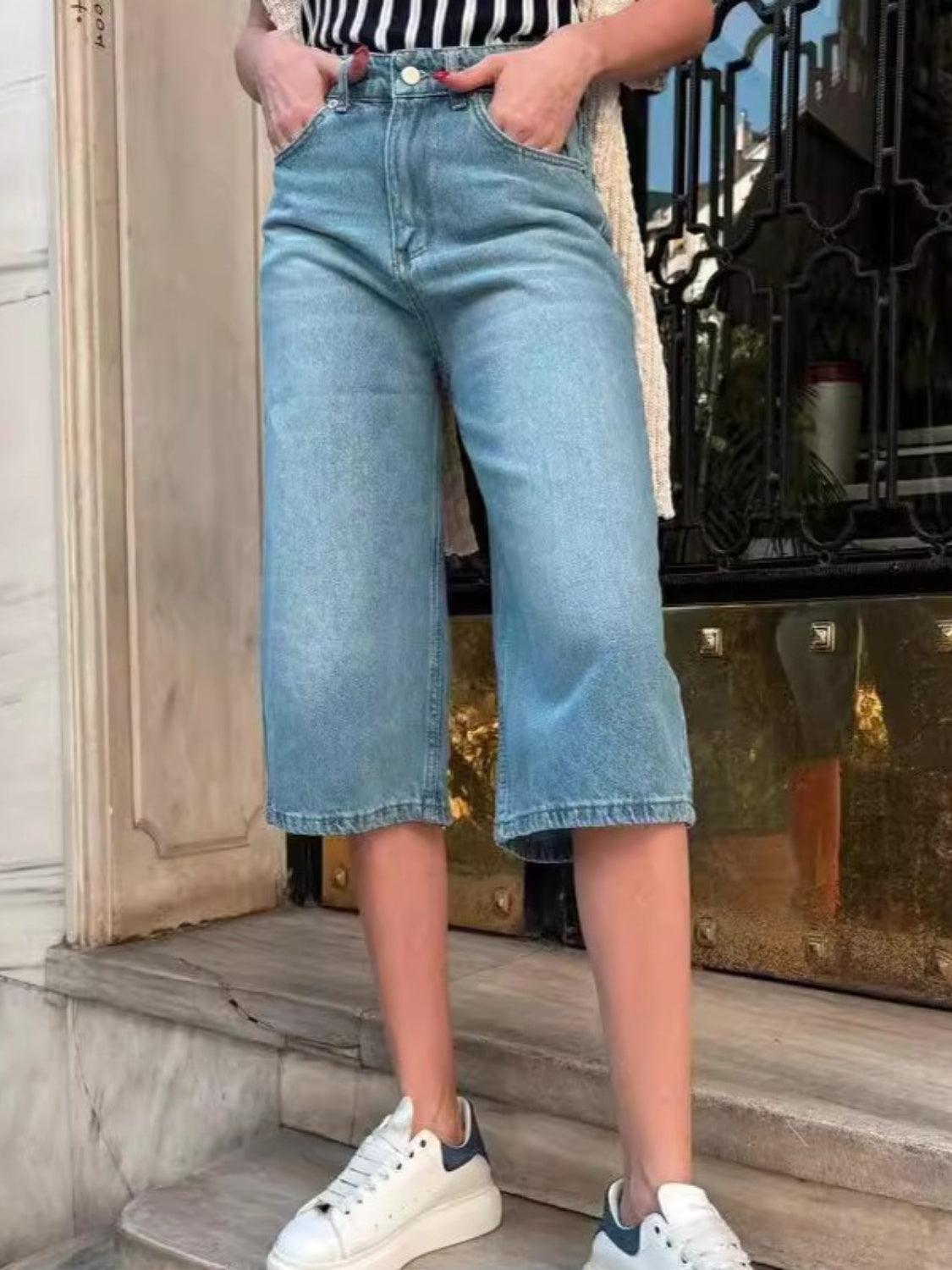 High Waist Denim Shorts with Pockets Dusty Blue