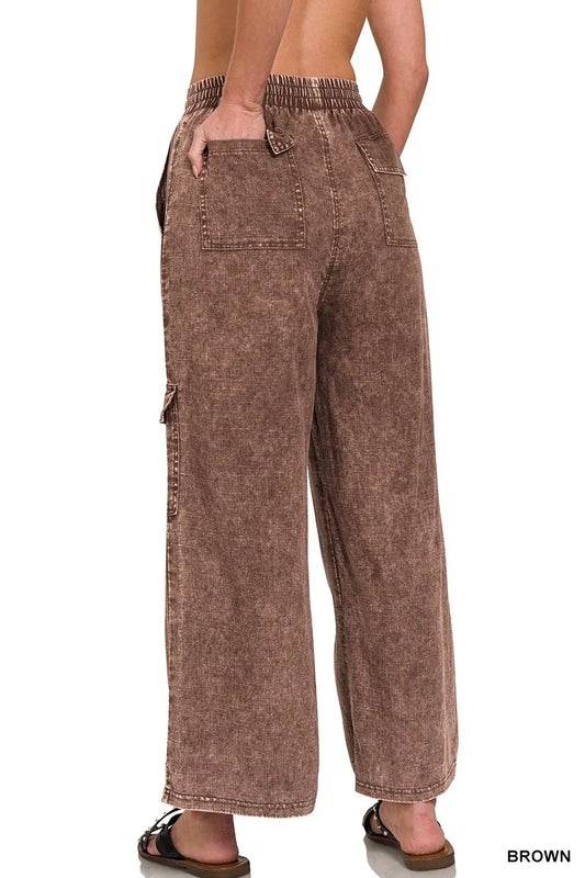 Zenana Washed Linen Elastic Band Waist Cargo Pants