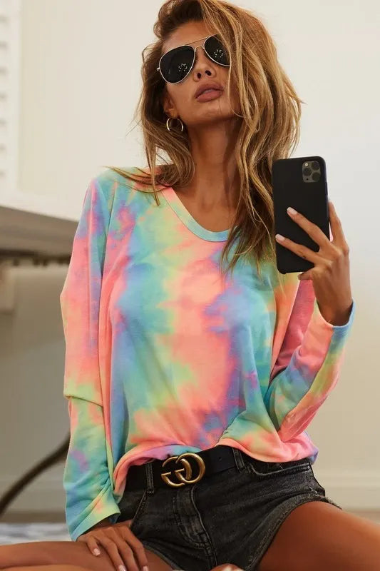 BiBi Tie Dye French Terry Long Sleeve Knit Top